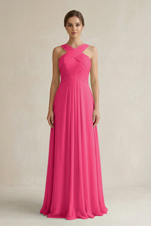 Fuchsia Cross Halter Chiffon A-Line Pleated Bridesmaid Dress | KISSBRIDAL