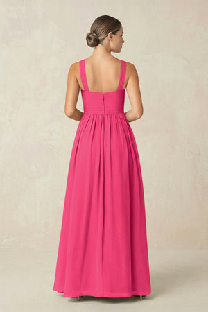 Fuchsia Cross Halter Neck Chiffon A-Line Bridesmaid Dress With Slit (2) | KISSBRIDAL