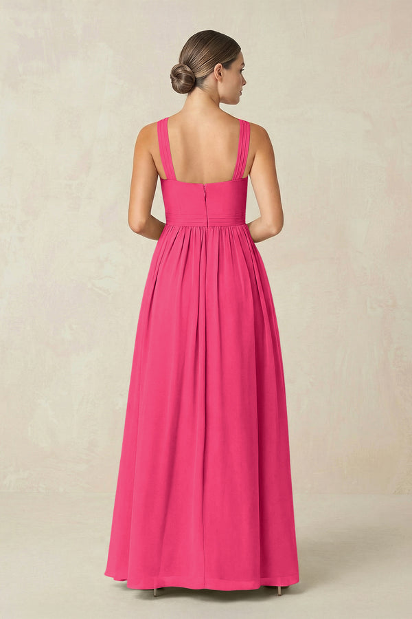 Fuchsia Cross Halter Neck Chiffon A-Line Bridesmaid Dress With Slit (2) | KISSBRIDAL