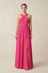 Fuchsia Cross Halter Neck Chiffon A-Line Bridesmaid Dress With Slit | KISSBRIDAL
