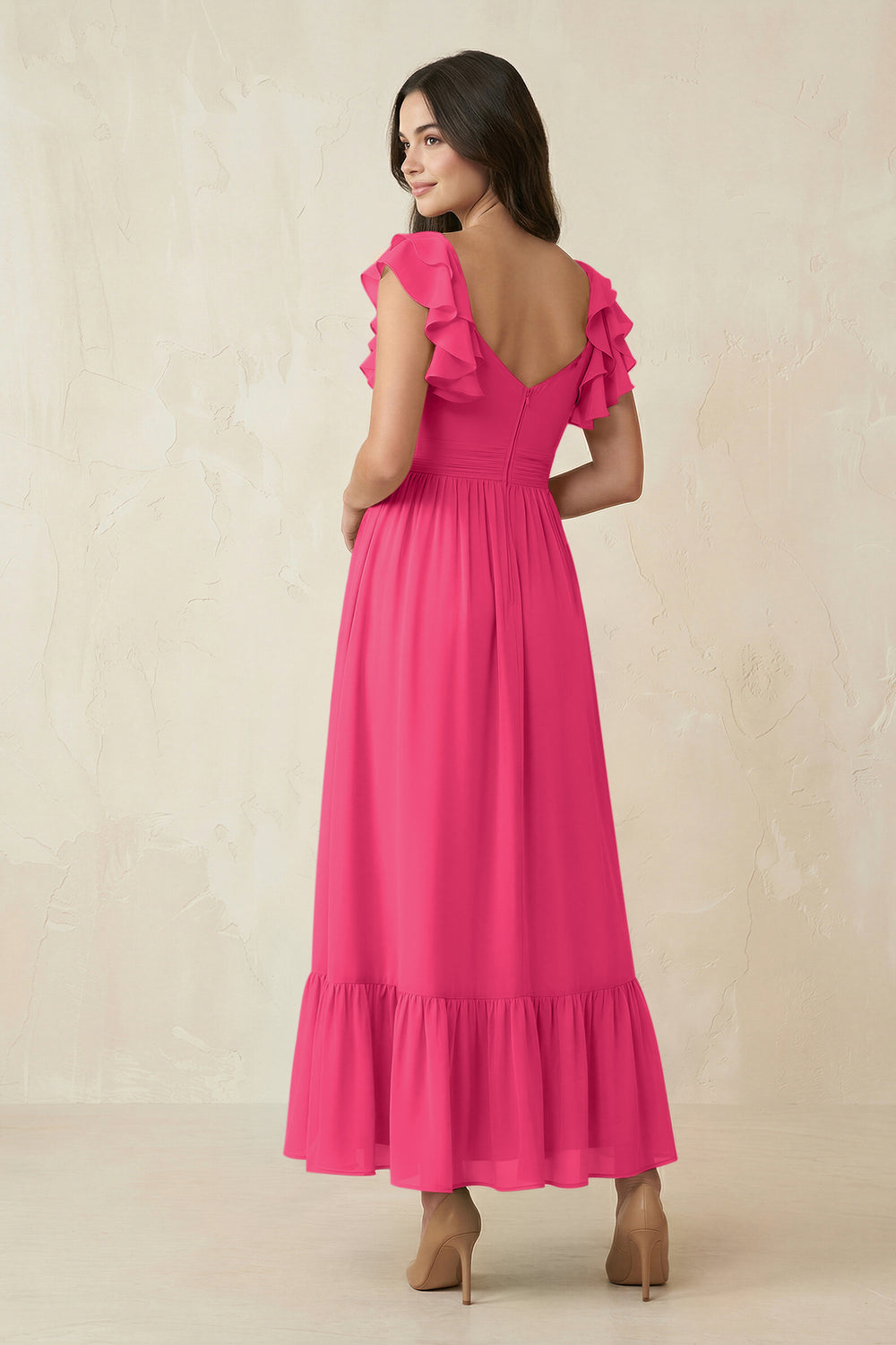 Flutter Sleeve Sweetheart A-Line Chiffon Bridesmaid Dress in Fuchsia