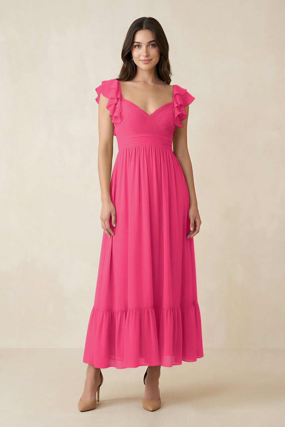 Flutter Sleeve Sweetheart A-Line Chiffon Bridesmaid Dress in Fuchsia