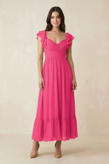 Fuchsia Flutter Sleeve Sweetheart A-Line Chiffon Bridesmaid Dress | KISSBRIDAL