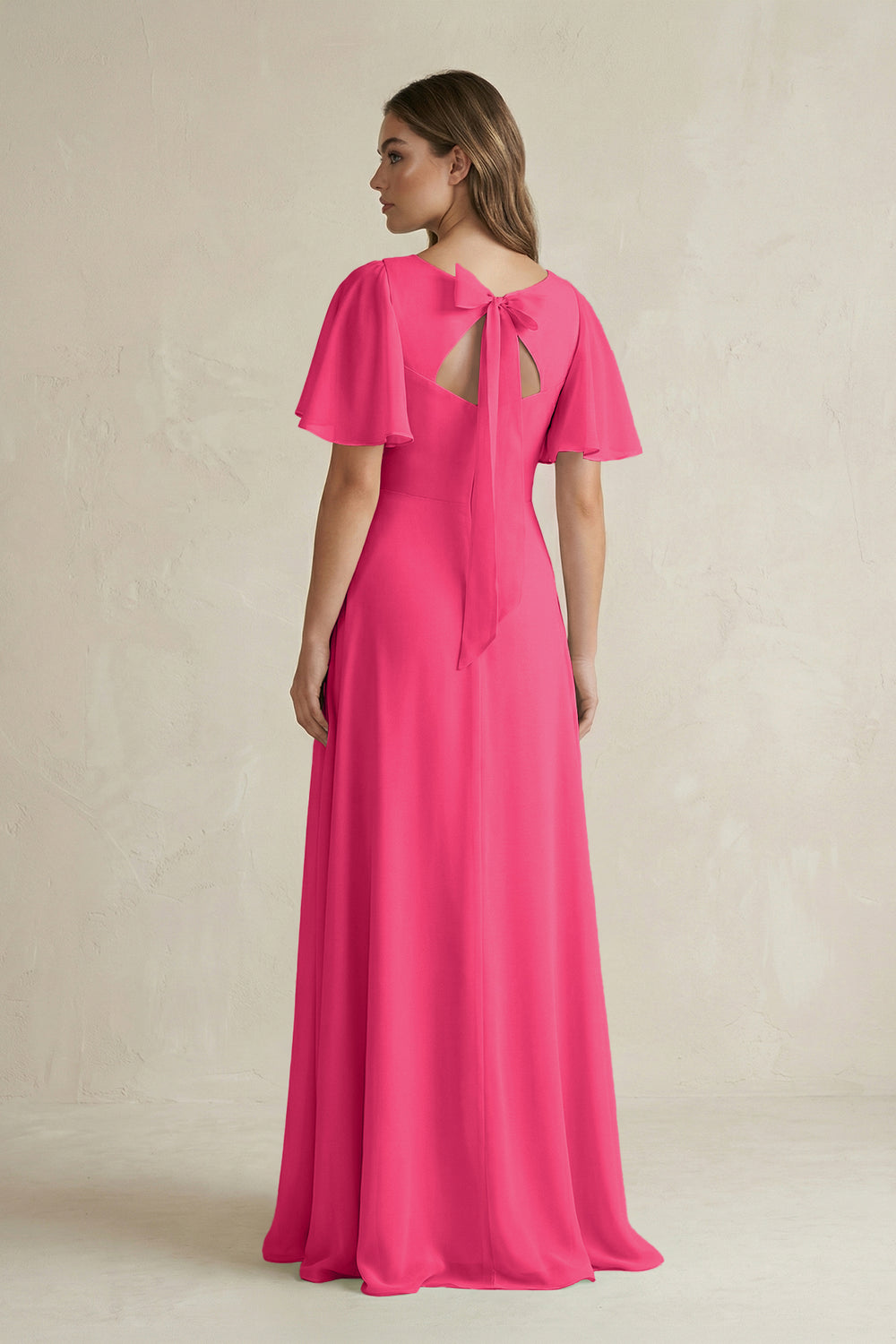 Flutter Sleeve V-Neck A-Line Chiffon Bridesmaid Dress in Fuchsia