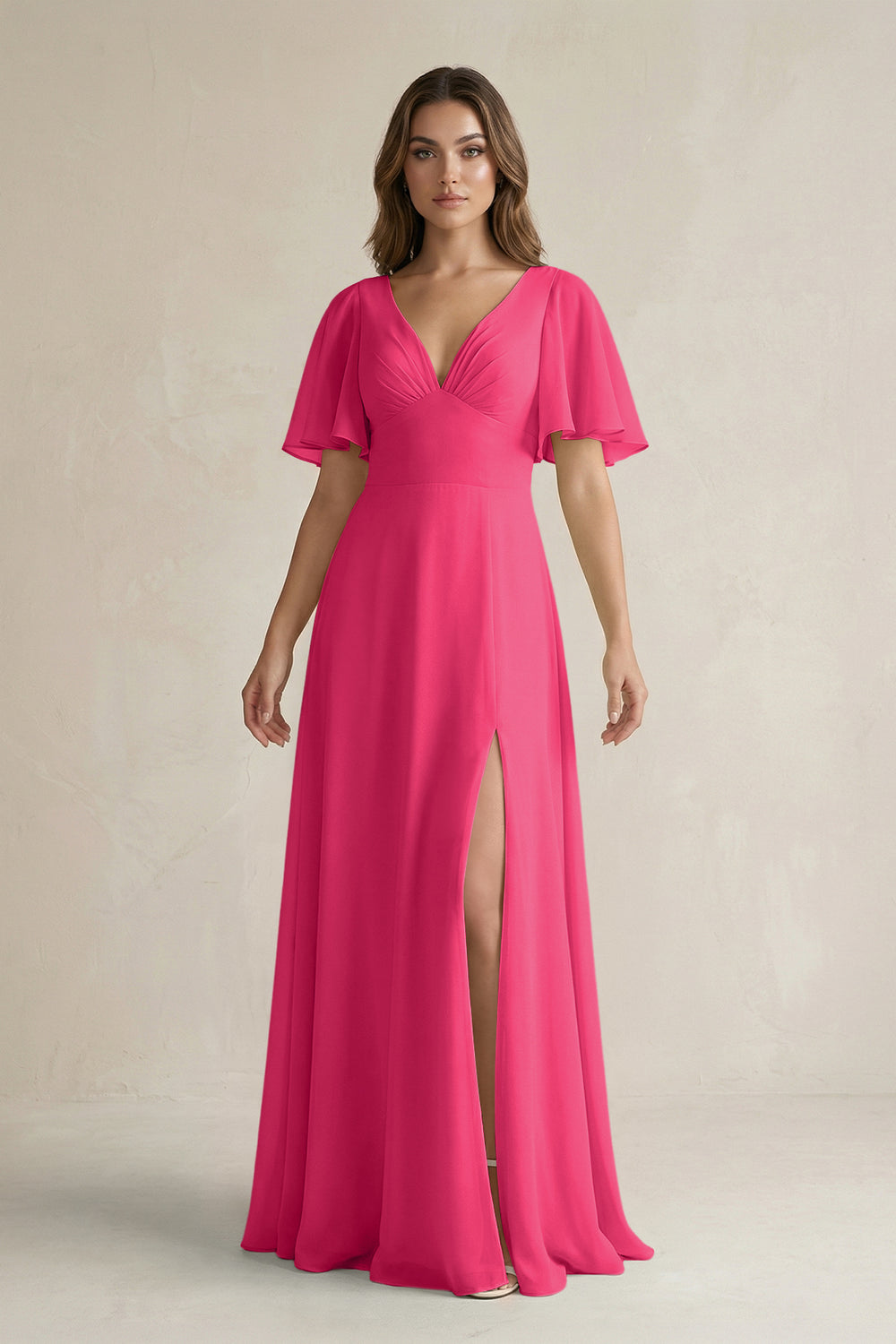 Flutter Sleeve V-Neck A-Line Chiffon Bridesmaid Dress in Fuchsia