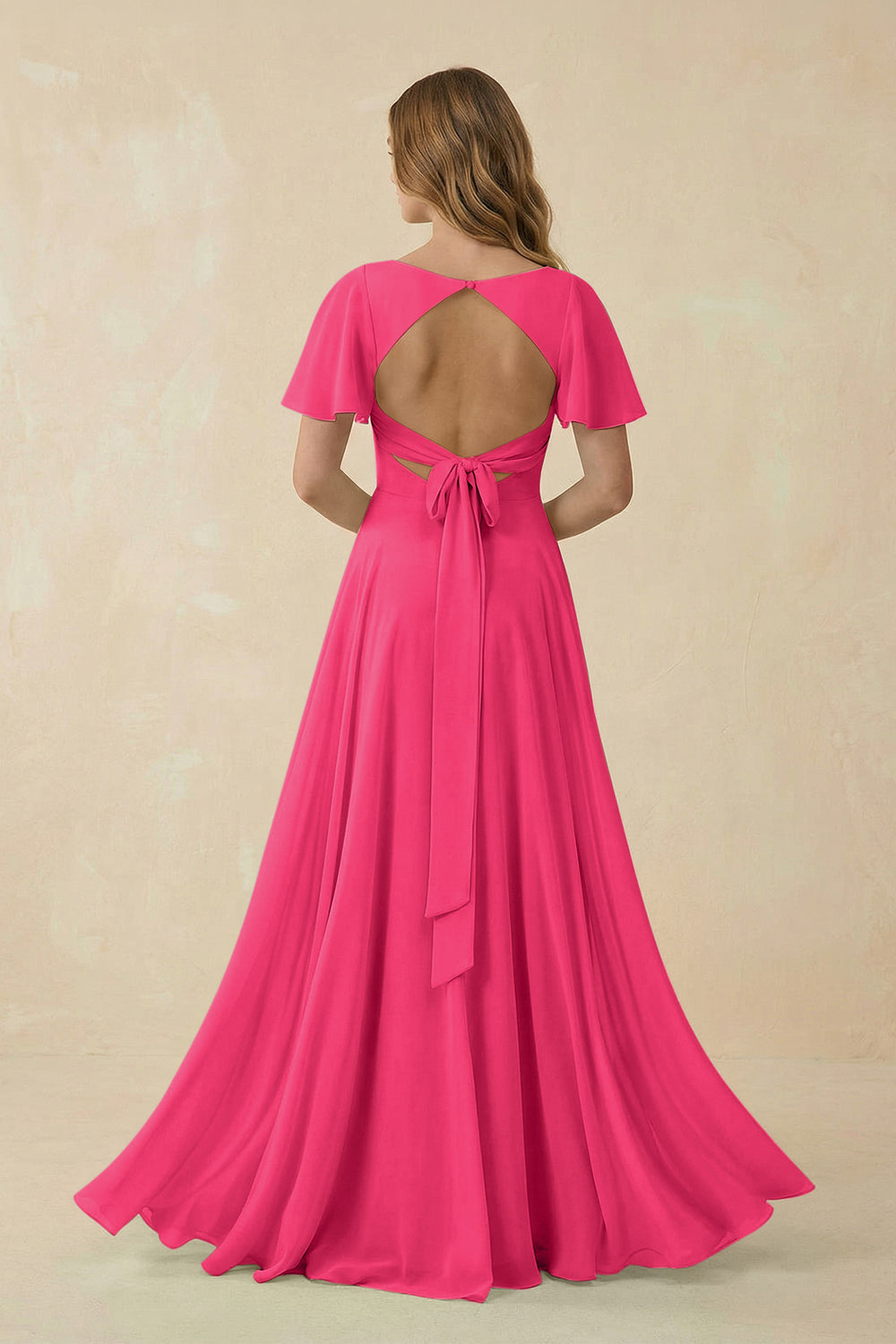 Flutter Sleeve V-Neck Chiffon A-Line Bridesmaid Dress in Fuchsia