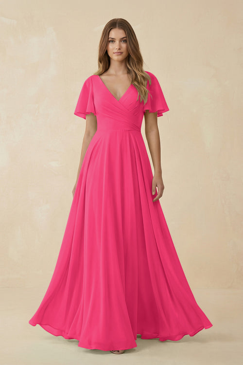 Fuchsia Flutter Sleeve V-Neck Chiffon A-Line Bridesmaid Dress | KISSBRIDAL