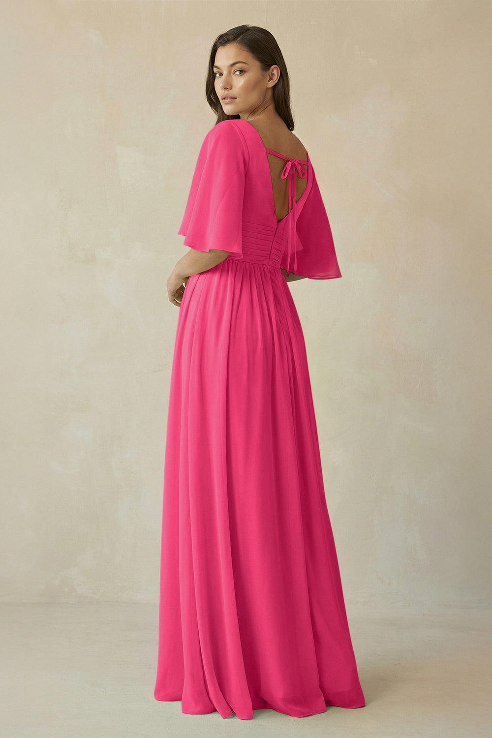Half Sleeve V-Neck A-Line Chiffon Bridesmaid Gown in Fuchsia