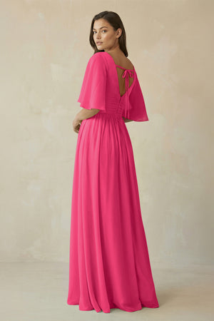 Fuchsia Half Sleeve V-Neck A-Line Chiffon Bridesmaid Gown (2) | KISSBRIDAL