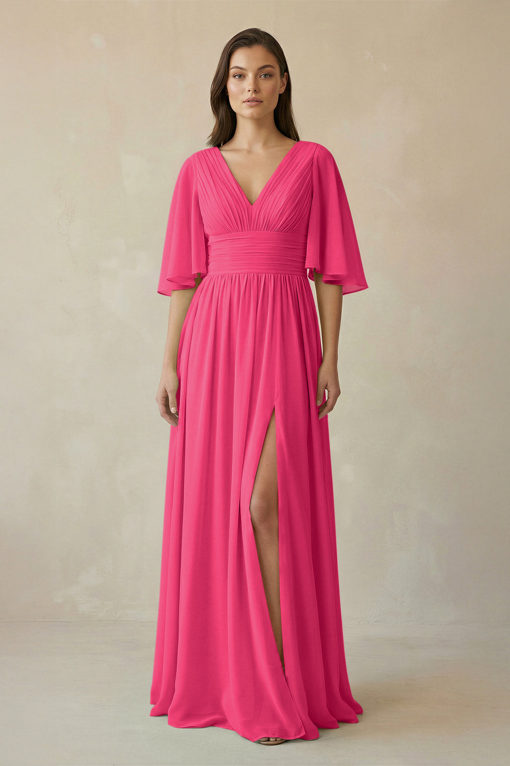 Half Sleeve V-Neck A-Line Chiffon Bridesmaid Gown in Fuchsia