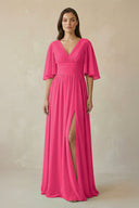 Fuchsia Half Sleeve V-Neck A-Line Chiffon Bridesmaid Gown | KISSBRIDAL