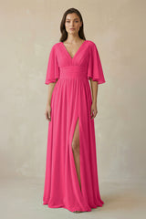Fuchsia Half Sleeve V-Neck A-Line Chiffon Bridesmaid Gown | KISSBRIDAL