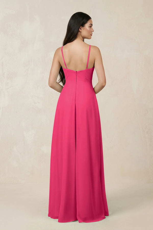 Fuchsia Halter Chiffon A-Line Bridesmaid Dress With Slit (2) | KISSBRIDAL