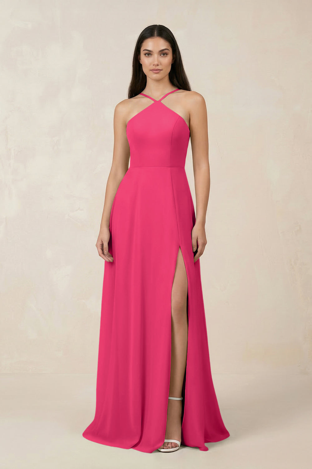 Halter Chiffon A-Line Bridesmaid Dress With Slit in Fuchsia