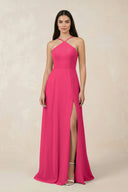 Fuchsia Halter Chiffon A-Line Bridesmaid Dress With Slit | KISSBRIDAL