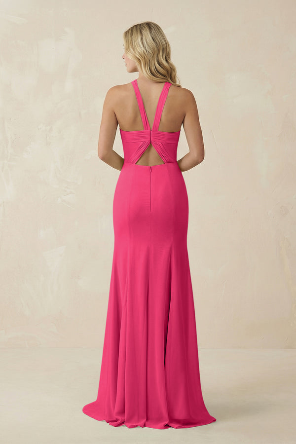 Fuchsia Halter Chiffon Mermaid Ruched Bridesmaid Dress (2) | KISSBRIDAL