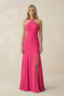 Fuchsia Halter Chiffon Mermaid Ruched Bridesmaid Dress | KISSBRIDAL