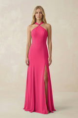 Fuchsia Halter Chiffon Mermaid Ruched Bridesmaid Dress | KISSBRIDAL