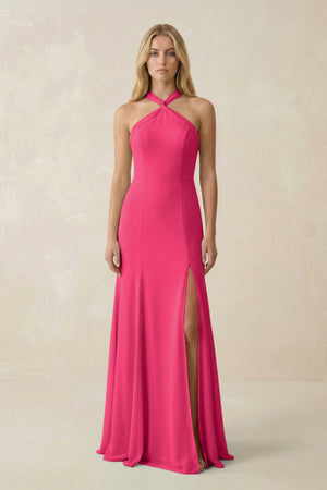 Fuchsia Halter Chiffon Mermaid Ruched Bridesmaid Dress | KISSBRIDAL