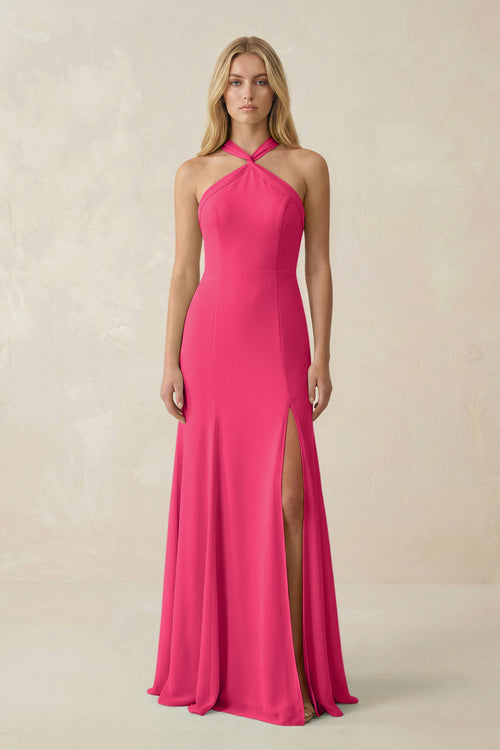 Fuchsia Halter Chiffon Mermaid Ruched Bridesmaid Dress | KISSBRIDAL