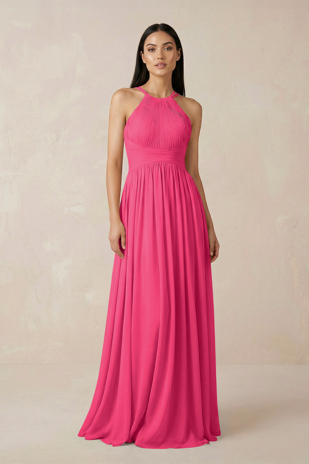 Halter Neck A-Line Chiffon Bridesmaid Dress in Fuchsia