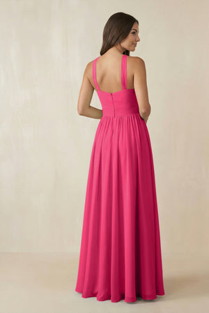 Fuchsia Halter Neck Ruched A-Line Chiffon Bridesmaid Dress (2) | KISSBRIDAL