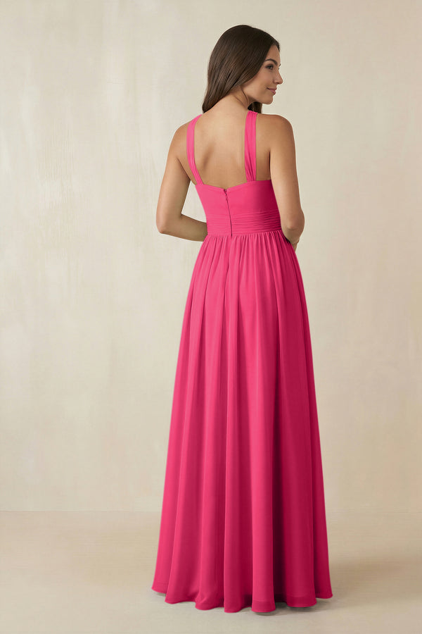 Fuchsia Halter Neck Ruched A-Line Chiffon Bridesmaid Dress (2) | KISSBRIDAL