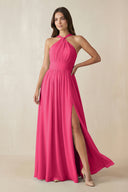 Fuchsia Halter Neck Ruched A-Line Chiffon Bridesmaid Dress | KISSBRIDAL