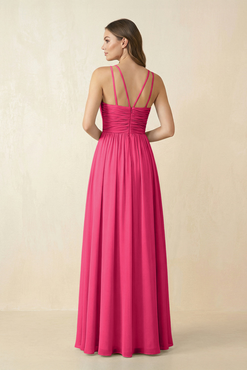 Halter Pleated A-Line Chiffon Bridesmaid Dress in Fuchsia