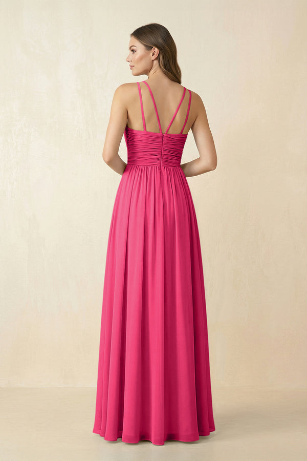 Fuchsia Halter Pleated A-Line Chiffon Bridesmaid Dress (2) | KISSBRIDAL