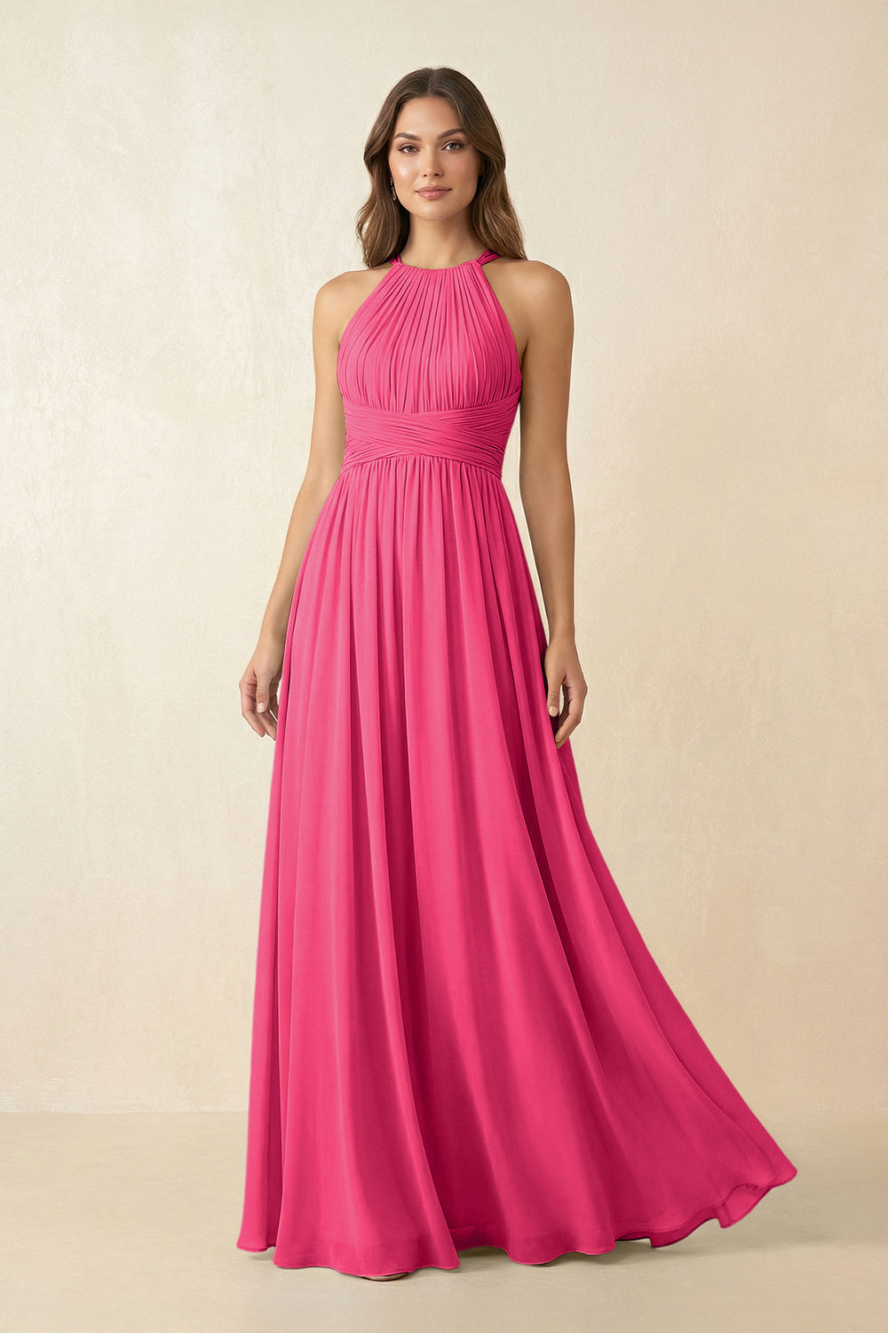 Halter Pleated A-Line Chiffon Bridesmaid Dress in Fuchsia