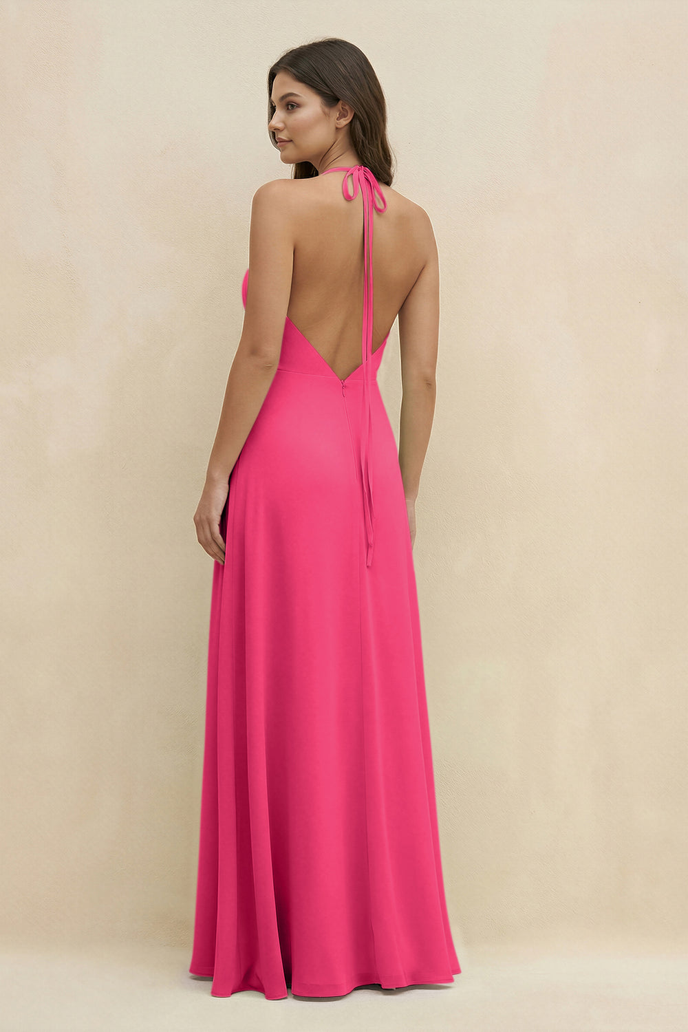 Halter Sheath Long Chiffon Bridesmaid Dress in Fuchsia