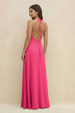 Fuchsia Halter Sheath Long Chiffon Bridesmaid Dress (2) | KISSBRIDAL