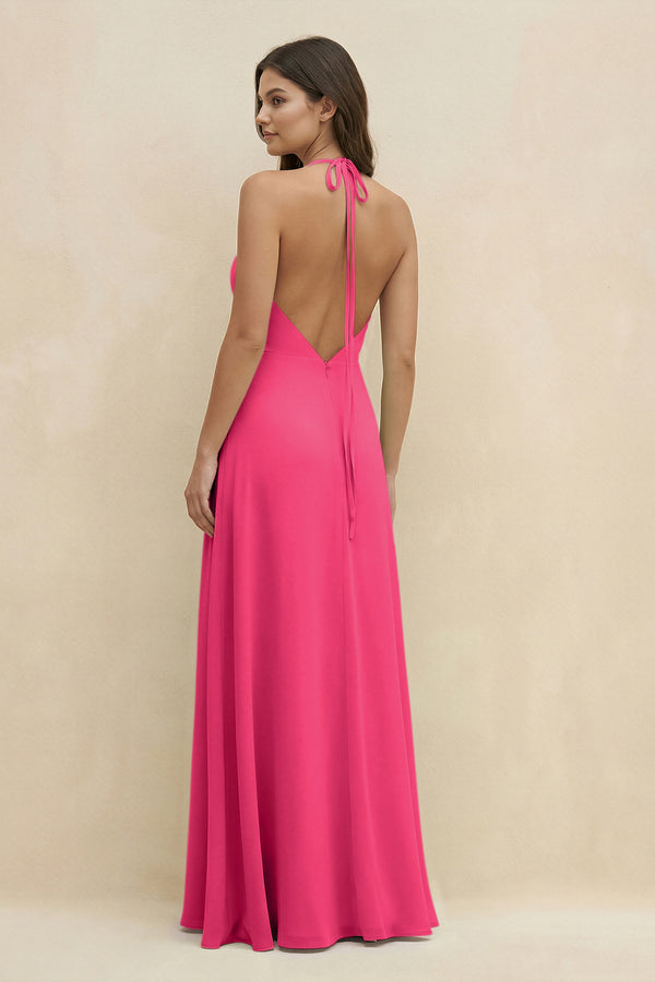 Fuchsia Halter Sheath Long Chiffon Bridesmaid Dress (2) | KISSBRIDAL