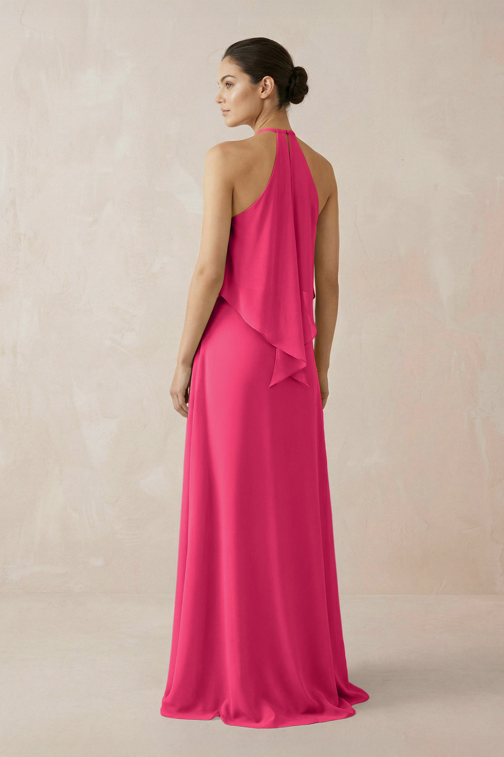 Halter Sheath Ruffled Chiffon Bridesmaid Dress in Fuchsia