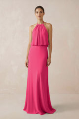 Fuchsia Halter Sheath Ruffled Chiffon Bridesmaid Dress | KISSBRIDAL