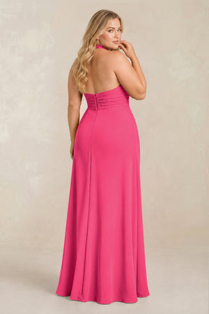 Fuchsia High Neck Chiffon Sheath Ruched Bridesmaid Dress (2) [sizeplus] | KISSBRIDAL