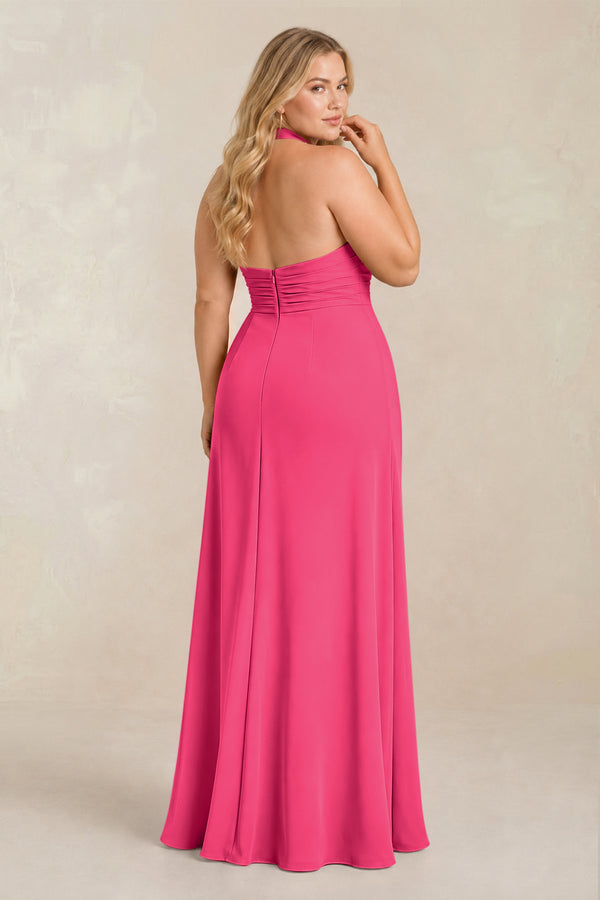 Fuchsia High Neck Chiffon Sheath Ruched Bridesmaid Dress (2) [sizeplus] | KISSBRIDAL
