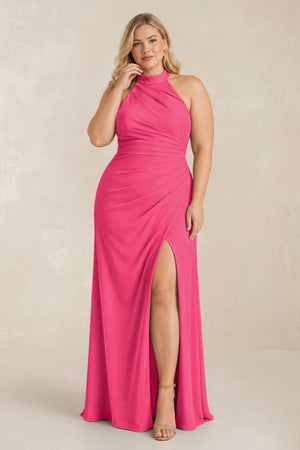 Fuchsia High Neck Chiffon Sheath Ruched Bridesmaid Dress [sizeplus] | KISSBRIDAL