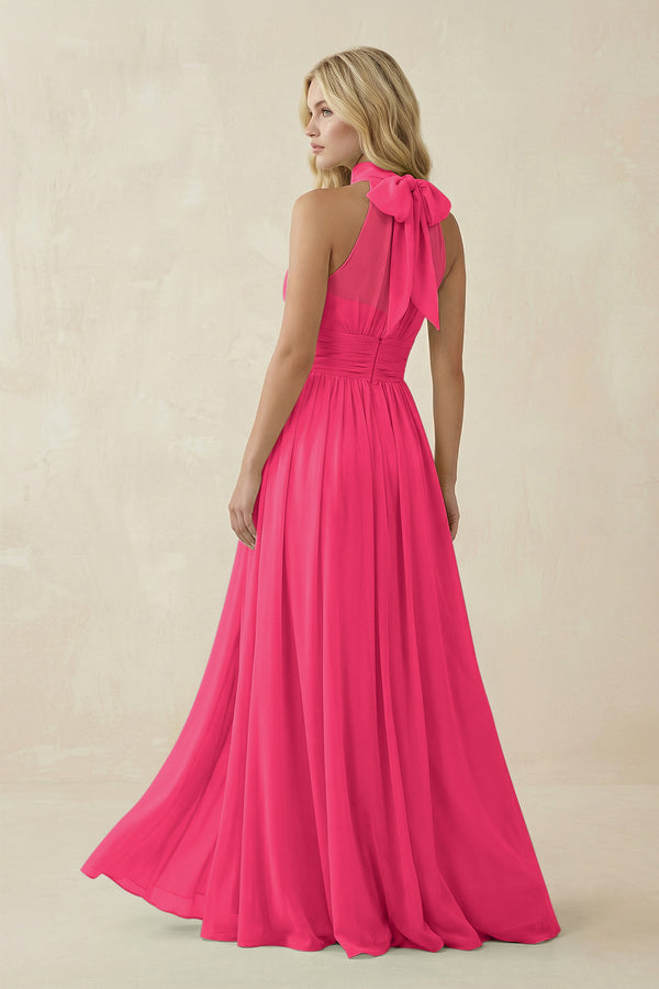 Fuchsia Illusion Halter A-Line Chiffon Bridesmaid Gown (2) | KISSBRIDAL
