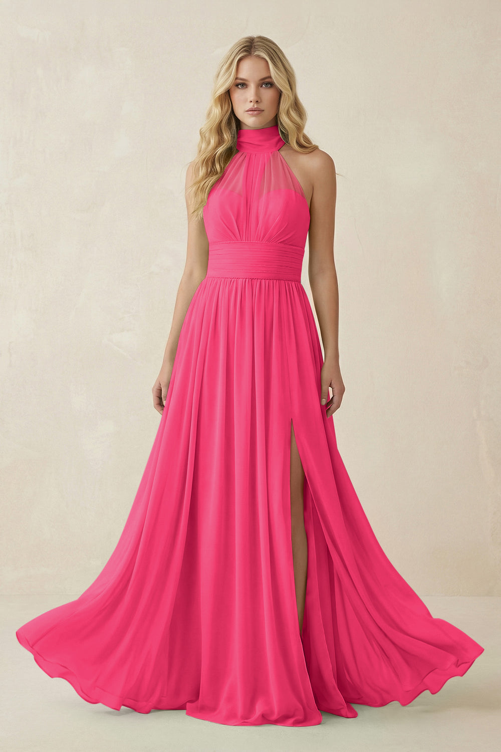 Illusion Halter A-Line Chiffon Bridesmaid Gown in Fuchsia