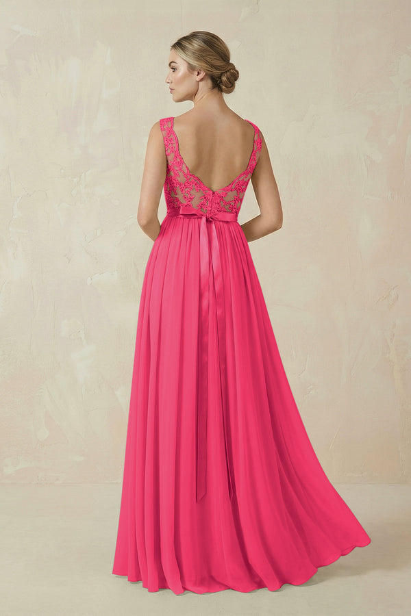 Fuchsia Lace A-Line Bateau Neck Chiffon Long Bridesmaid Dress (2) | KISSBRIDAL