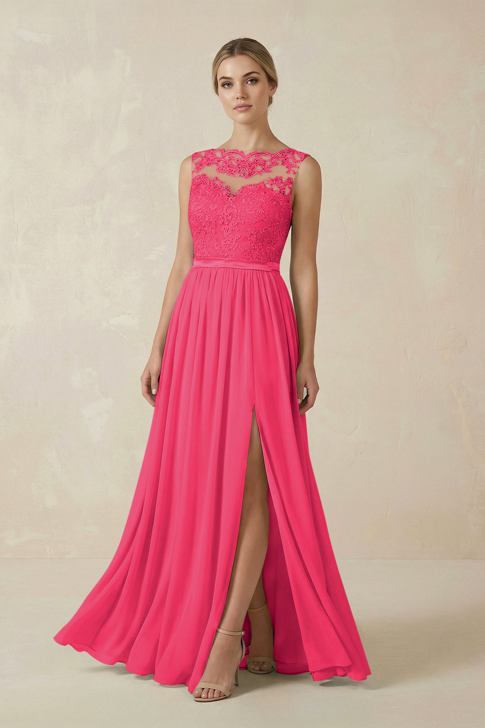 Lace A-Line Bateau Neck Chiffon Long Bridesmaid Dress in Fuchsia