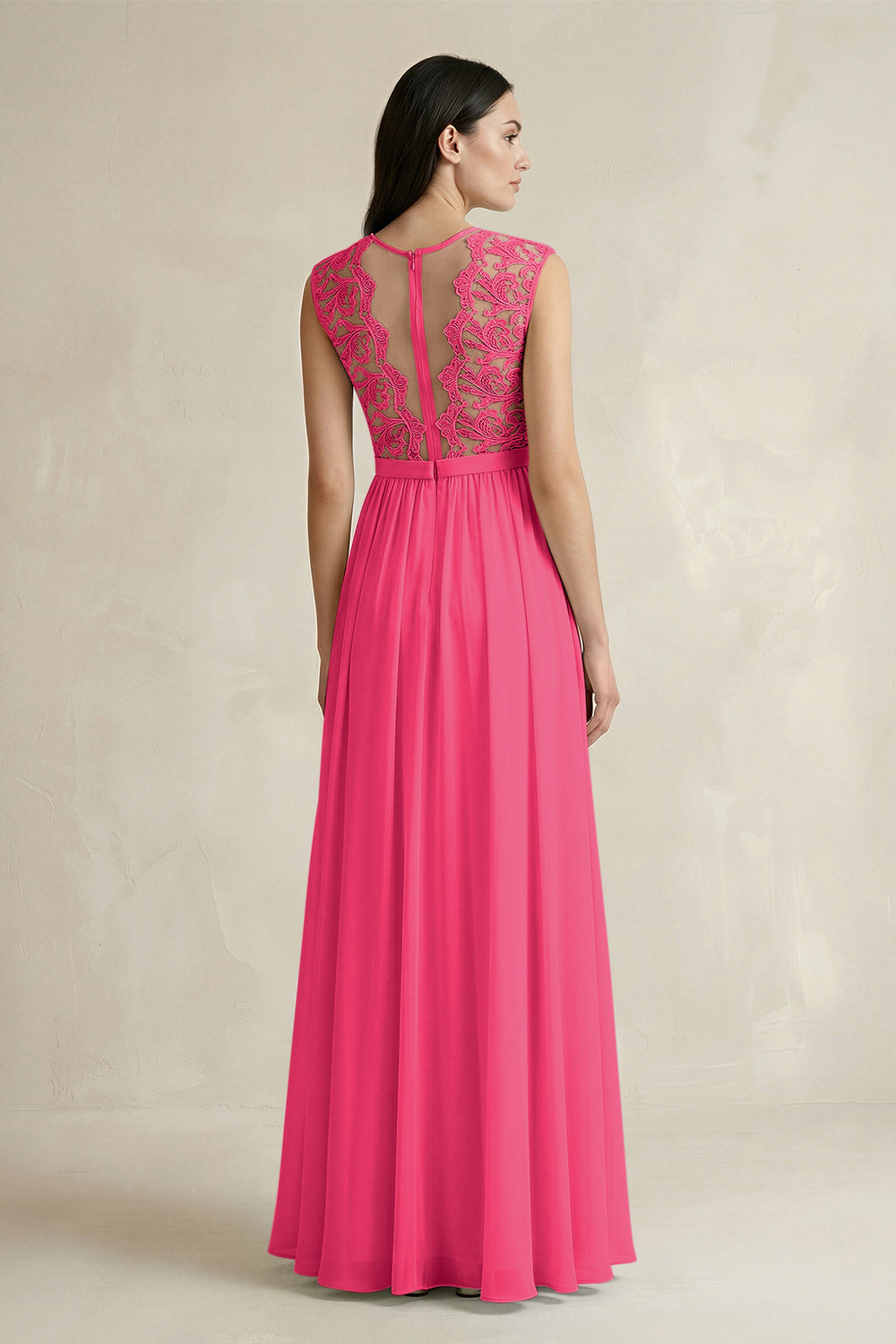 Lace Chiffon A-Line Round Neck Bridesmaid Dress in Fuchsia