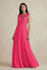 Fuchsia Lace Chiffon A-Line Round Neck Bridesmaid Dress | KISSBRIDAL