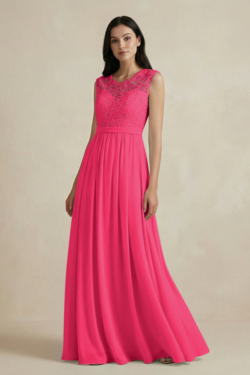 Fuchsia Lace Chiffon A-Line Round Neck Bridesmaid Dress | KISSBRIDAL