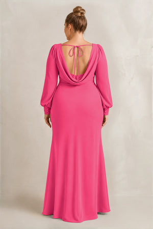 Fuchsia Long Sleeve V-Neck Sheath Chiffon Bridesmaid Dress (2) [sizeplus] | KISSBRIDAL
