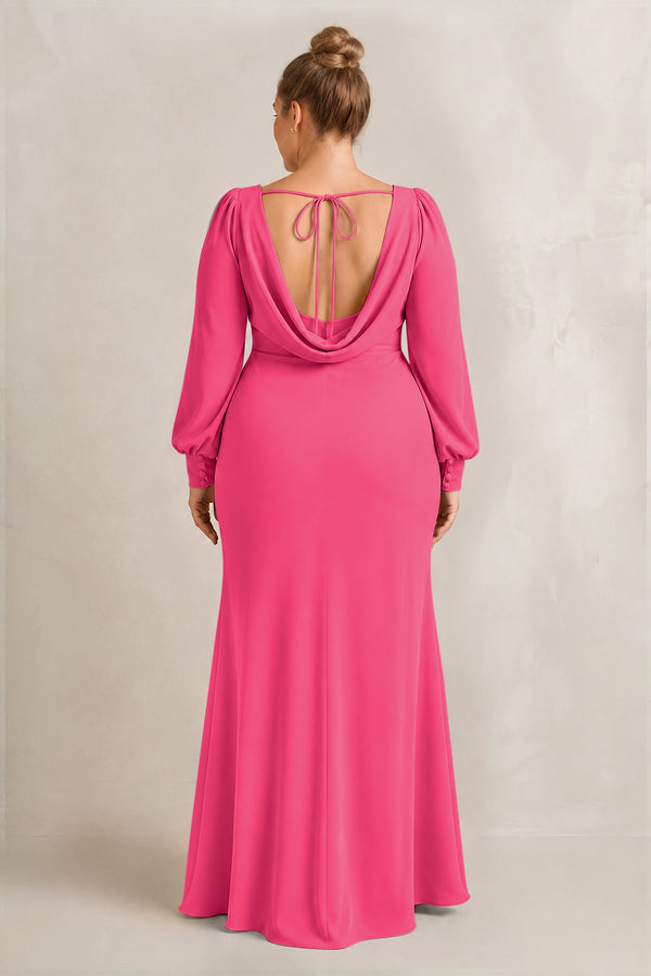 Fuchsia Long Sleeve V-Neck Sheath Chiffon Bridesmaid Dress (2) [sizeplus] | KISSBRIDAL