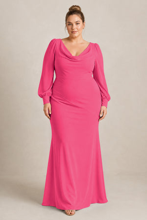 Fuchsia Long Sleeve V-Neck Sheath Chiffon Bridesmaid Dress [sizeplus] | KISSBRIDAL