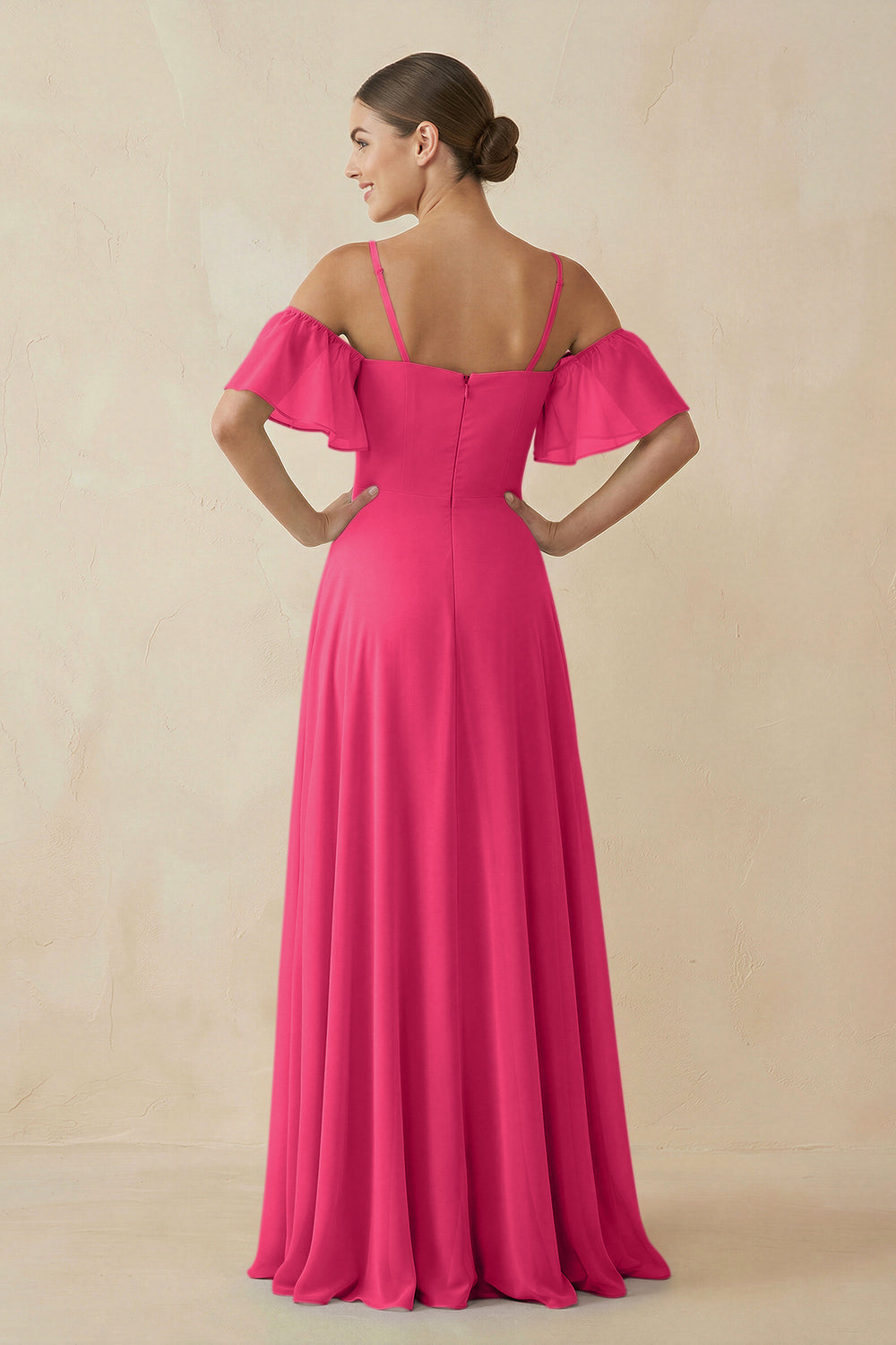 Off-the-Shoulder A-Line Chiffon Bridesmaid Dress in Fuchsia